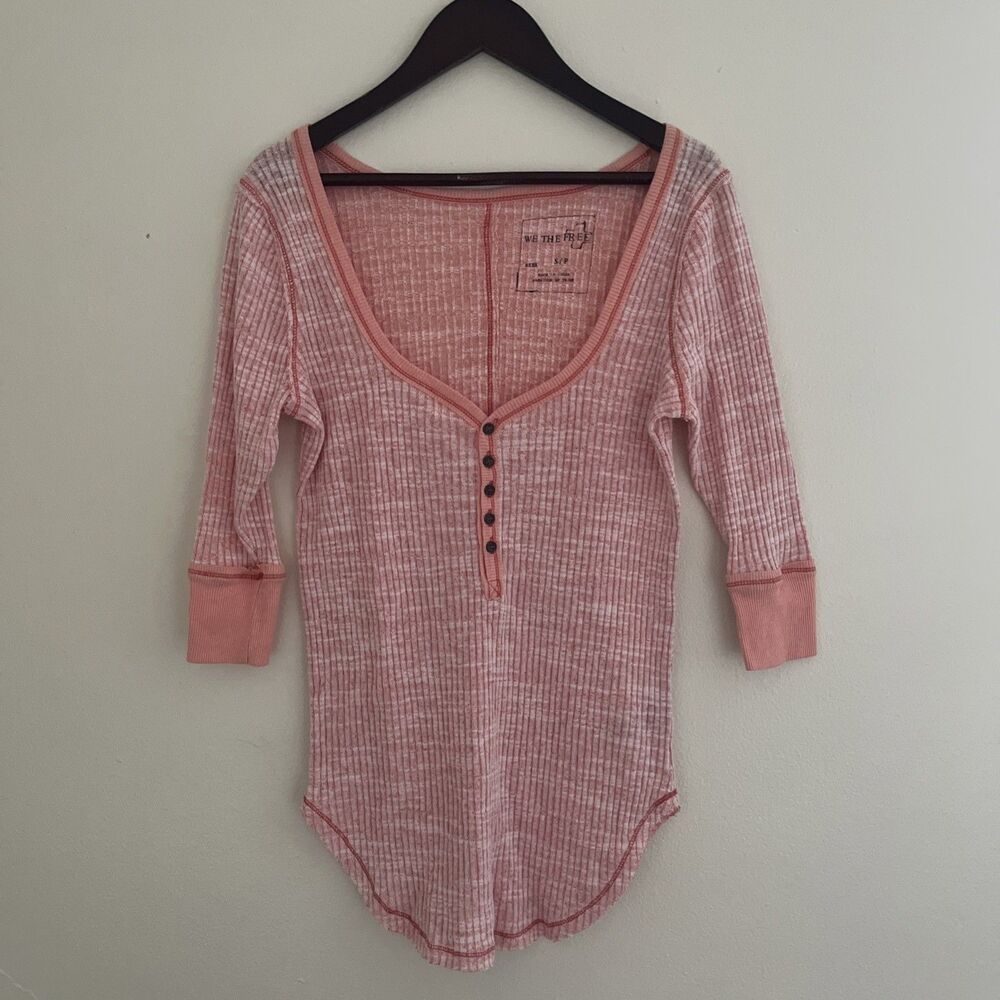FREE PEOPLE We The Free Ski Lodge Ribbed Cuff Round Hem Henley, Salmon Pink- S